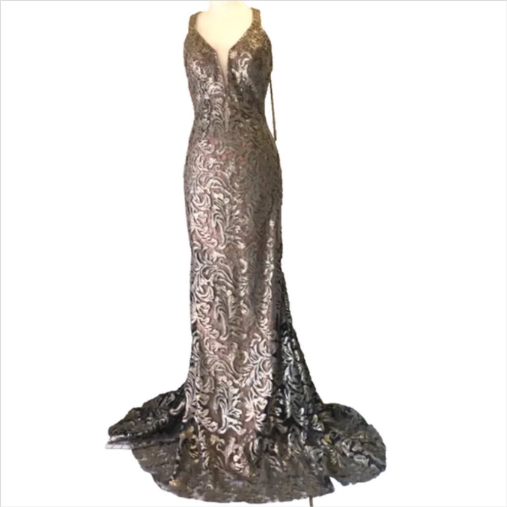 Jovani Project Runway Bronze Sequin Crystal Lace Formal Prom Gown - Picture 9 of 11